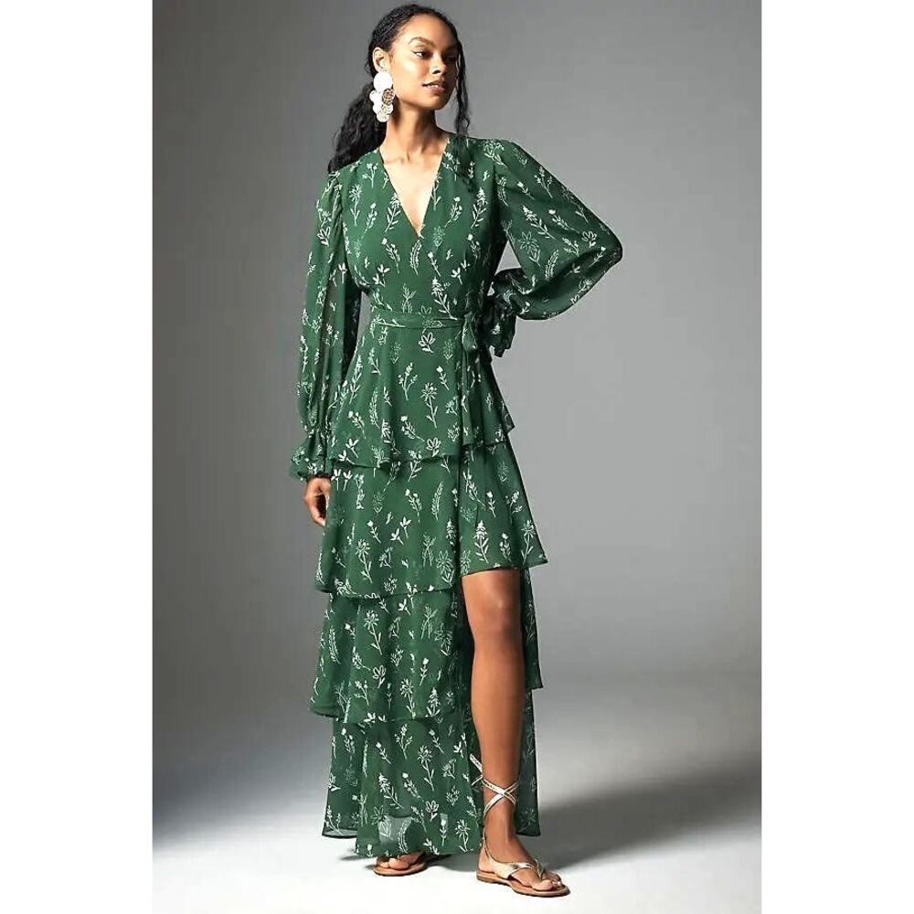 Hutch Women's Long-Sleeve V-Neck Wrap Maxi Dress Green Pattern Size SP NWOT
